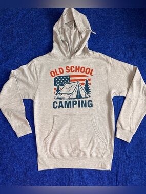 NEW “Old School Camping” Men’s S Gray Graphic Hoodie Sweatshirt Cotton Blend